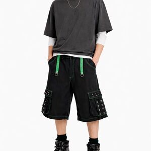 Vintage Tripp NYC Bondage Industrial Goth Cargo Shorts Green Stitching - Sz L 🧡🎀